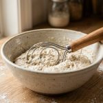 A close-up of a Danish dough whisk with a wooden handle resting in a ceramic bowl of shaggy bread dough, set on a flour-dusted wooden countertop in soft, warm morning light.