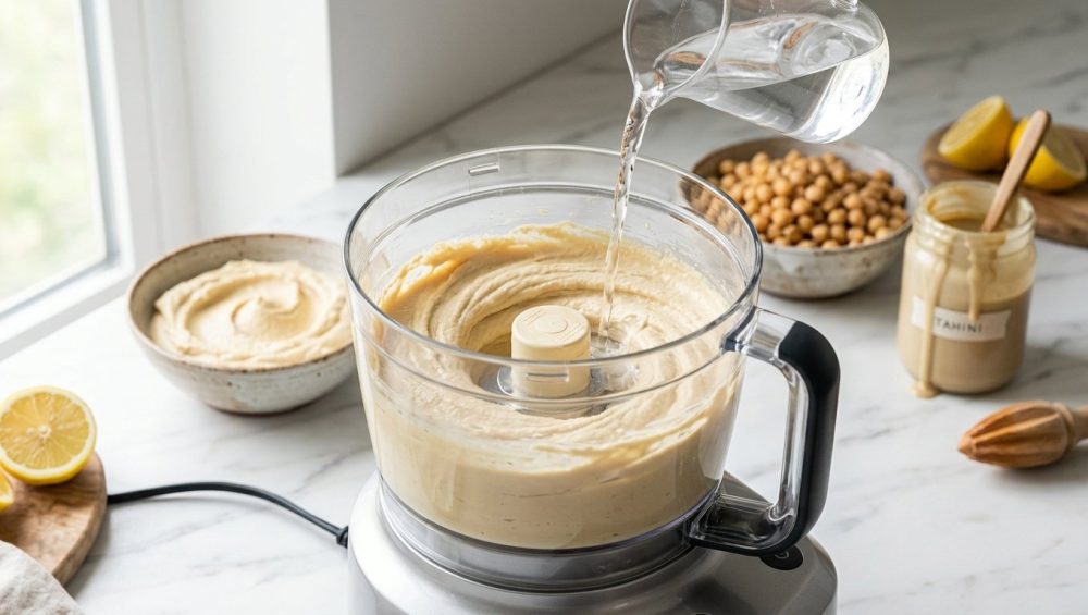 **Alt text:** A sleek food processor on a white marble countertop whipping creamy, smooth hummus. A thin stream of water pours into the feed tube, with a bowl of chickpeas and a fresh lemon in the soft-focus background under bright, natural light.