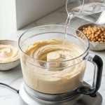 **Alt text:** A sleek food processor on a white marble countertop whipping creamy, smooth hummus. A thin stream of water pours into the feed tube, with a bowl of chickpeas and a fresh lemon in the soft-focus background under bright, natural light.