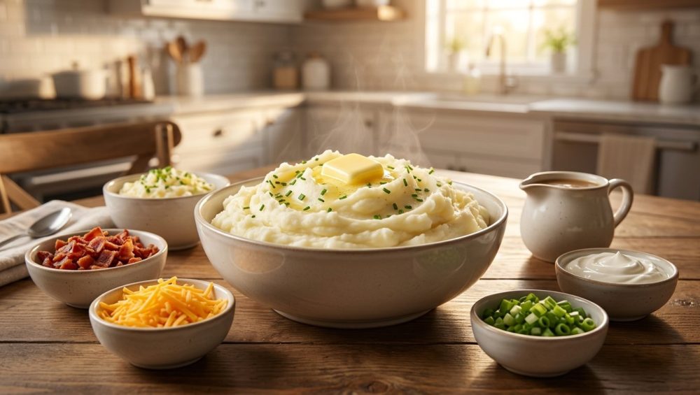 A cozy DIY mashed potato bar set on a rustic wooden table, featuring a large central bowl of fluffy mashed potatoes topped with melting butter, surrounded by small bowls of toppings like bacon, cheese, and gravy in warm, soft light.