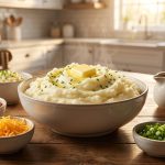 A cozy DIY mashed potato bar set on a rustic wooden table, featuring a large central bowl of fluffy mashed potatoes topped with melting butter, surrounded by small bowls of toppings like bacon, cheese, and gravy in warm, soft light.