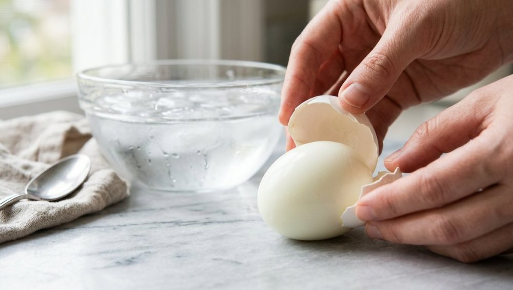 **Alt text:** A close-up photograph of a perfect hard-boiled egg being effortlessly peeled on a marble countertop, revealing a flawless, smooth white surface. In the softly blurred background is a glass bowl filled with ice water.