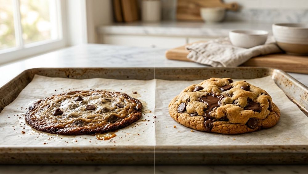 **Alt text:** Side-by-side comparison of two chocolate chip cookies on a baking sheet: a flat, thin, and greasy cookie on the left, and a thick, golden-brown, perfectly baked cookie with melted chocolate chunks on the right.