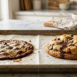 **Alt text:** Side-by-side comparison of two chocolate chip cookies on a baking sheet: a flat, thin, and greasy cookie on the left, and a thick, golden-brown, perfectly baked cookie with melted chocolate chunks on the right.