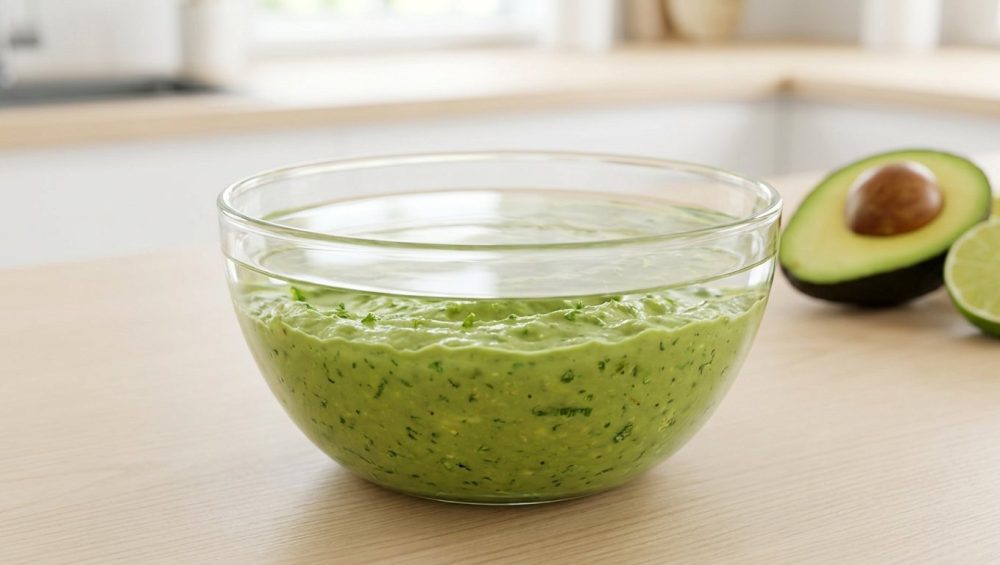 A glass bowl of fresh green guacamole on a light-wood countertop, with a thin, transparent layer of water resting on top that reflects soft kitchen light.