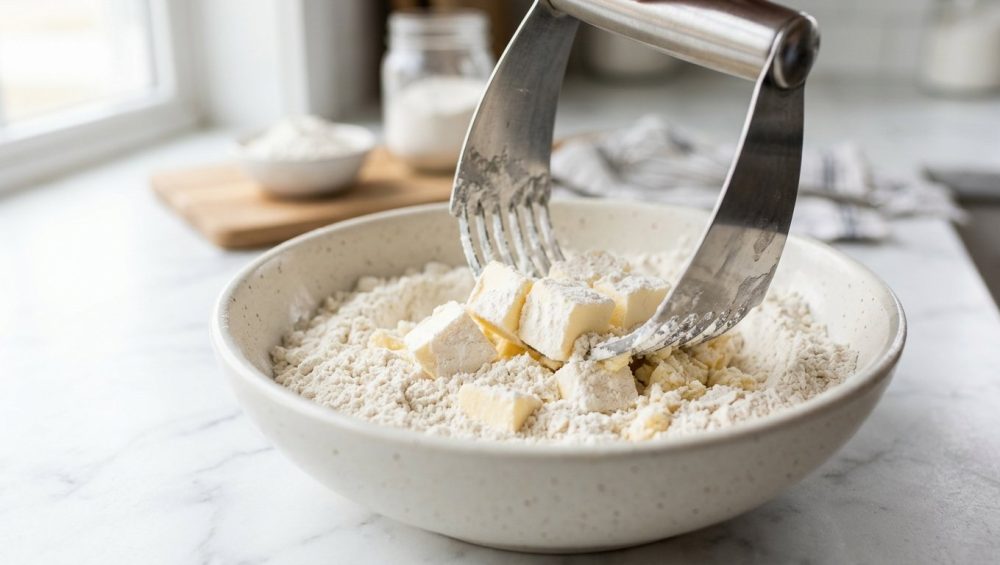 **Alt text:** A close-up shot of a stainless steel pastry blender cutting cubed butter into flour inside a ceramic bowl on a white marble countertop.
