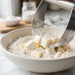 **Alt text:** A close-up shot of a stainless steel pastry blender cutting cubed butter into flour inside a ceramic bowl on a white marble countertop.