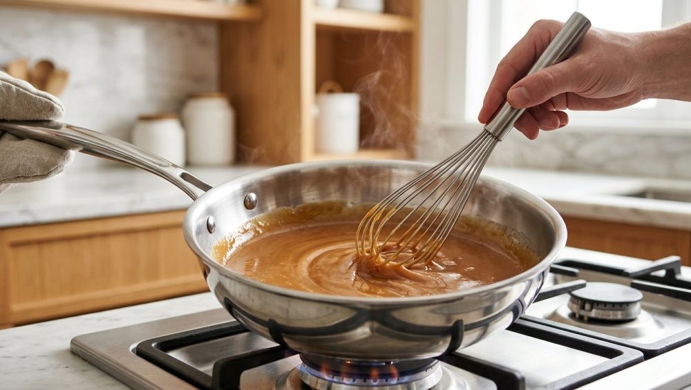 **Alt text:** Close-up of a hand whisking smooth, glossy caramel sauce inside a stainless steel saucier pan on a gas stovetop, with the metal whisk perfectly fitting the pan's curved, sloped sides.