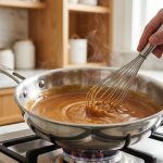 **Alt text:** Close-up of a hand whisking smooth, glossy caramel sauce inside a stainless steel saucier pan on a gas stovetop, with the metal whisk perfectly fitting the pan's curved, sloped sides.