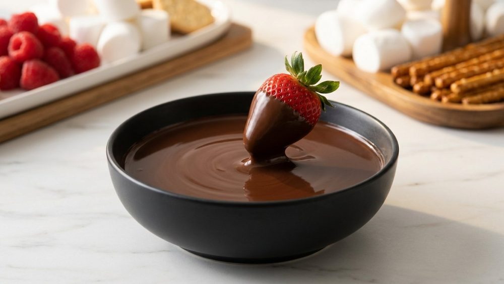 **Alt text:** A fresh strawberry being dipped into a bowl of smooth, glossy melted dark chocolate, with platters of fruit and marshmallows softly blurred in the background.