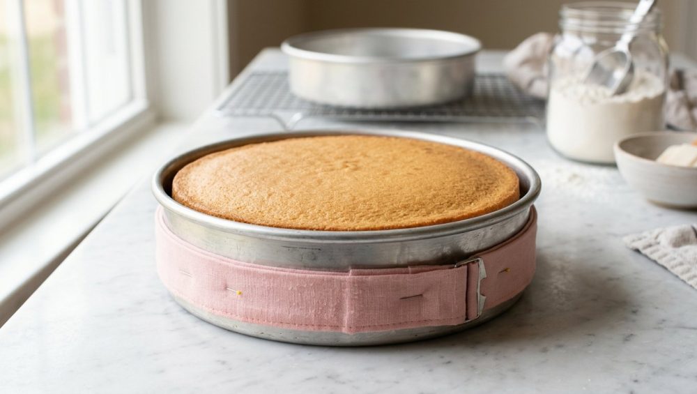 **Alt text:** A perfectly level, golden-brown cake in a round aluminum pan wrapped with a pastel baking strip, resting on a marble countertop in soft morning light.