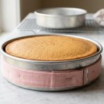 **Alt text:** A perfectly level, golden-brown cake in a round aluminum pan wrapped with a pastel baking strip, resting on a marble countertop in soft morning light.