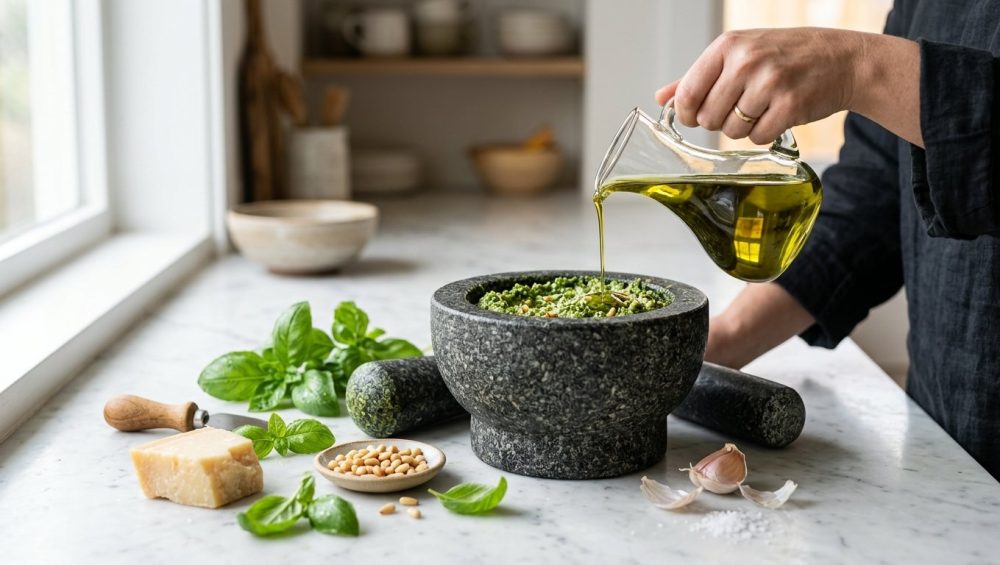 **Alt text:** Golden olive oil drizzled into fresh green pesto inside a dark stone mortar on a white marble countertop, surrounded by basil leaves, garlic, and pine nuts.
