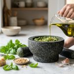 **Alt text:** Golden olive oil drizzled into fresh green pesto inside a dark stone mortar on a white marble countertop, surrounded by basil leaves, garlic, and pine nuts.