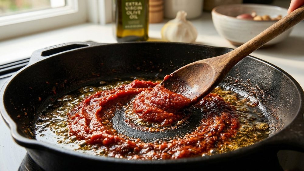 **Alt text:** Close-up of rich tomato paste caramelizing to a deep brick-red in a cast-iron skillet with shimmering olive oil. A wooden spoon stirs the paste, leaving a clean track on the bottom of the pan.