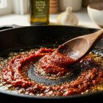 **Alt text:** Close-up of rich tomato paste caramelizing to a deep brick-red in a cast-iron skillet with shimmering olive oil. A wooden spoon stirs the paste, leaving a clean track on the bottom of the pan.