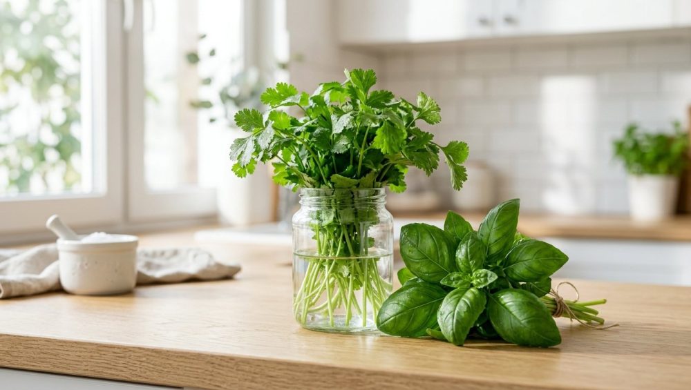 **Alt text:** Fresh green cilantro stored in a clear glass jar of water next to a bunch of basil on a light wooden countertop in a bright, sunlit kitchen.