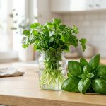 **Alt text:** Fresh green cilantro stored in a clear glass jar of water next to a bunch of basil on a light wooden countertop in a bright, sunlit kitchen.