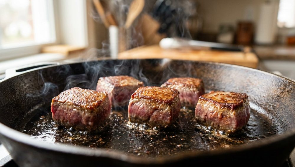 **Alt text:** Well-spaced cubes of beef searing in a hot cast-iron skillet, featuring a caramelized golden crust, sizzling oil, and gentle steam.
