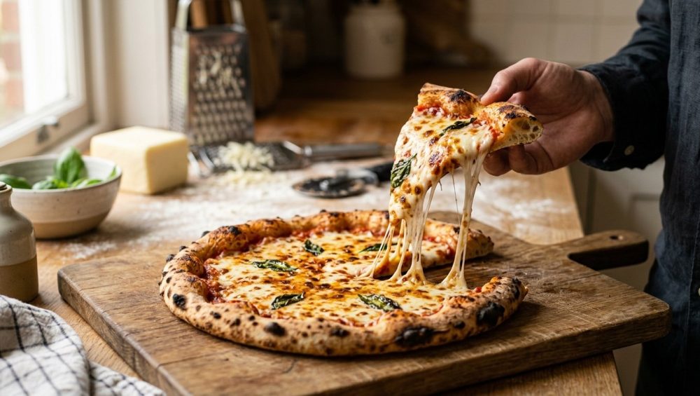 **Alt text:** A slice of fresh pizza with a crispy, charred crust is lifted from a wooden cutting board, creating a dramatic, gooey cheese pull in a warm, sunlit kitchen.