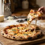 **Alt text:** A slice of fresh pizza with a crispy, charred crust is lifted from a wooden cutting board, creating a dramatic, gooey cheese pull in a warm, sunlit kitchen.