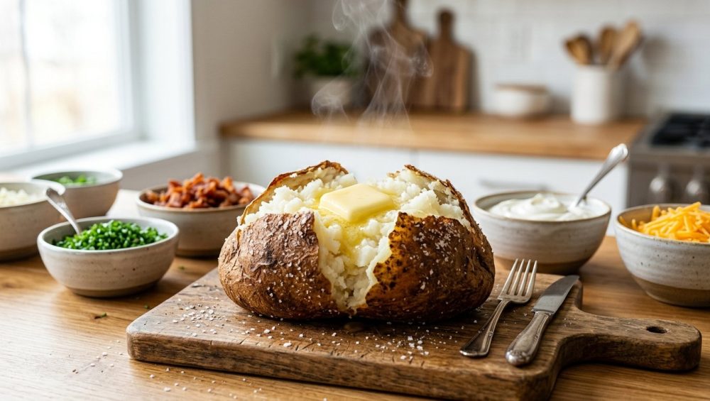 **Alt text:** A steaming, split-open baked potato with a fluffy white interior and melting butter sits on a wooden board, with colorful bowls of toppings in a blurred kitchen background.