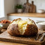 **Alt text:** A steaming, split-open baked potato with a fluffy white interior and melting butter sits on a wooden board, with colorful bowls of toppings in a blurred kitchen background.