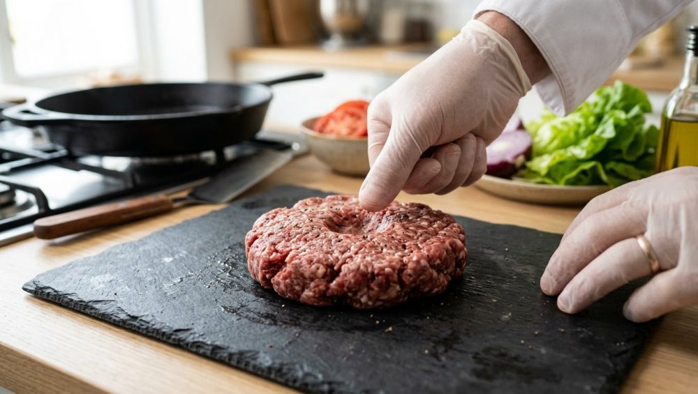 **Alt text:** A close-up of a chef’s hand pressing a shallow dimple into the center of a raw, marbled beef burger patty on a dark slate board, with fresh ingredients blurred in the sunlit background.