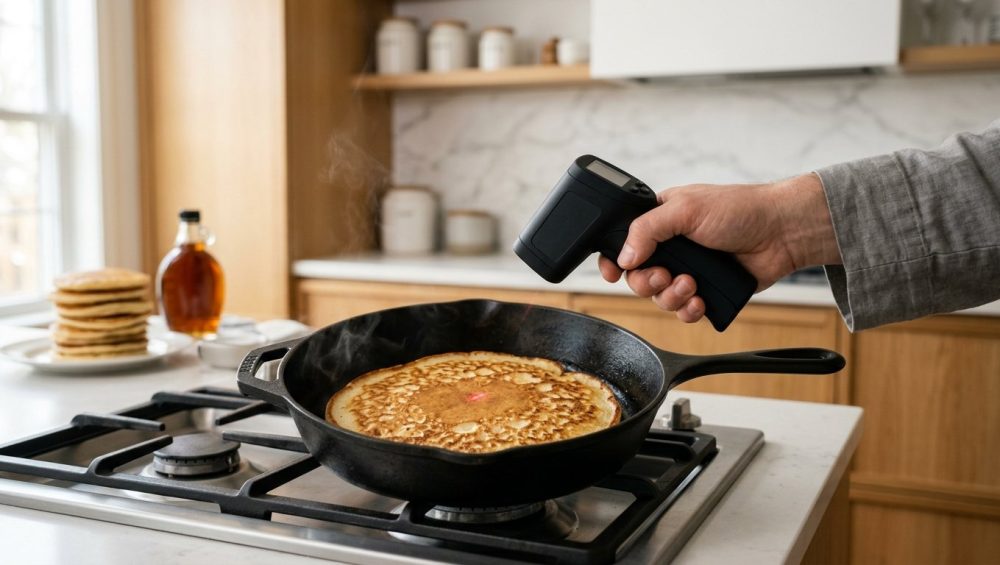 **Alt text:** A hand aims a matte-black infrared thermometer at a golden-brown pancake cooking in a cast-iron skillet. A tiny red laser dot is visible on the pancake as gentle steam rises in a bright, modern kitchen.