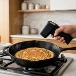 **Alt text:** A hand aims a matte-black infrared thermometer at a golden-brown pancake cooking in a cast-iron skillet. A tiny red laser dot is visible on the pancake as gentle steam rises in a bright, modern kitchen.