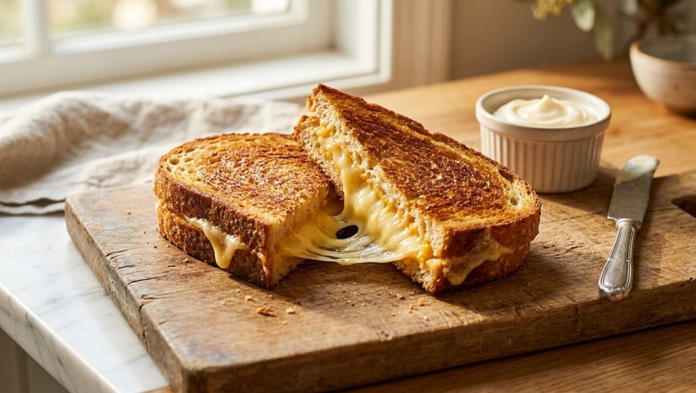 **Alt text:** A perfectly golden-brown grilled cheese sandwich, cut diagonally with gooey melted cheese stretching between the two halves, resting on a rustic wooden cutting board in a sunlit kitchen.