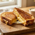 **Alt text:** A perfectly golden-brown grilled cheese sandwich, cut diagonally with gooey melted cheese stretching between the two halves, resting on a rustic wooden cutting board in a sunlit kitchen.