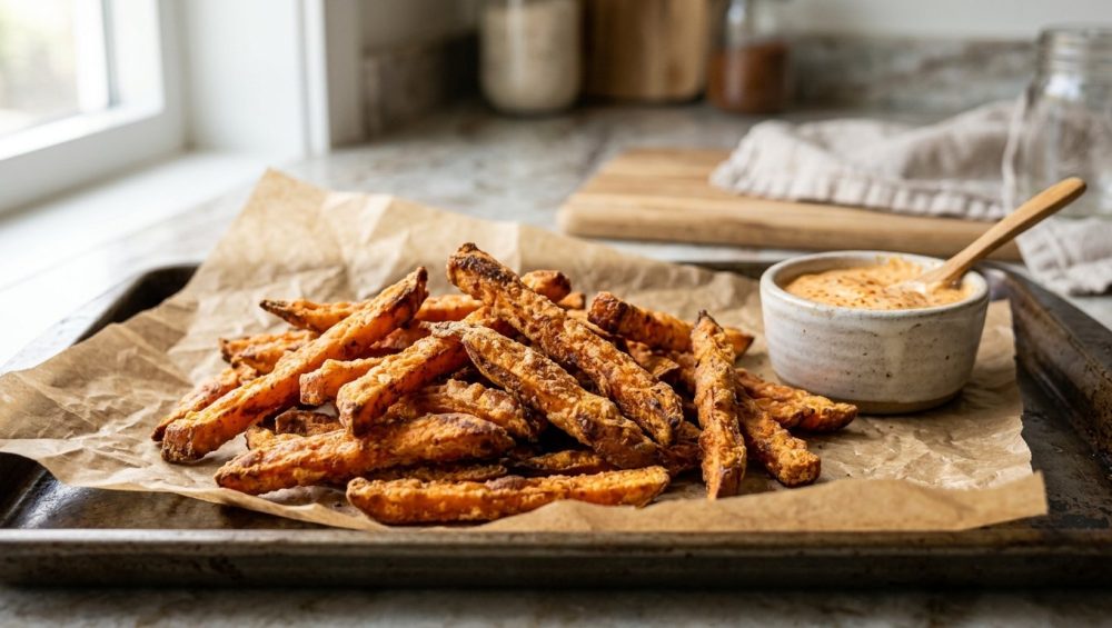 **Alt text:** A close-up photograph of crispy, golden-brown sweet potato fries piled on crumpled parchment paper next to a small ramekin of dipping sauce, set against a softly blurred, bright kitchen background.
