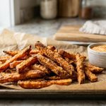 **Alt text:** A close-up photograph of crispy, golden-brown sweet potato fries piled on crumpled parchment paper next to a small ramekin of dipping sauce, set against a softly blurred, bright kitchen background.