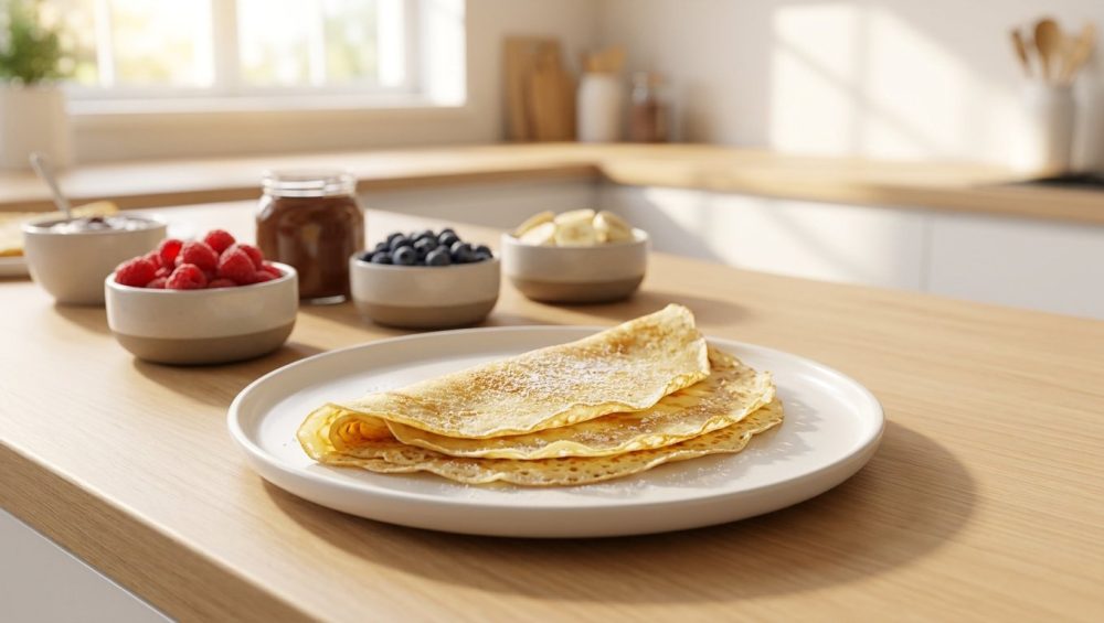 **Alt Text:** A perfectly folded golden crepe dusted with powdered sugar on a white ceramic plate, with bowls of fresh berries and chocolate spread in a soft-focus, sunlit kitchen background.