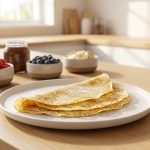 **Alt Text:** A perfectly folded golden crepe dusted with powdered sugar on a white ceramic plate, with bowls of fresh berries and chocolate spread in a soft-focus, sunlit kitchen background.