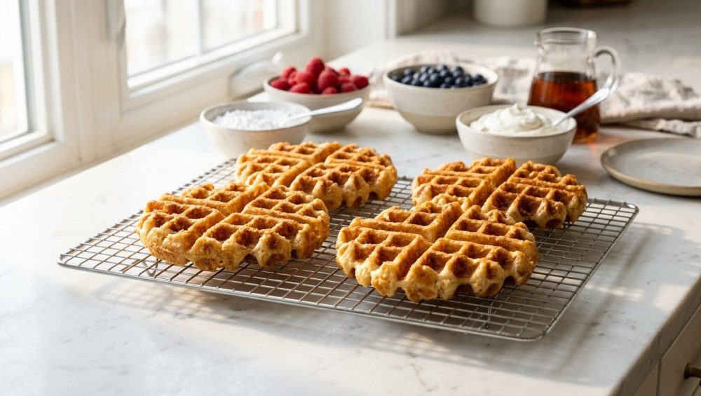 **Alt text:** A close-up of crispy, golden-brown Belgian waffles resting on a wire cooling rack. In the softly blurred background, a bright kitchen counter is styled with bowls of fresh berries and maple syrup under warm morning sunlight.