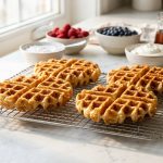 **Alt text:** A close-up of crispy, golden-brown Belgian waffles resting on a wire cooling rack. In the softly blurred background, a bright kitchen counter is styled with bowls of fresh berries and maple syrup under warm morning sunlight.