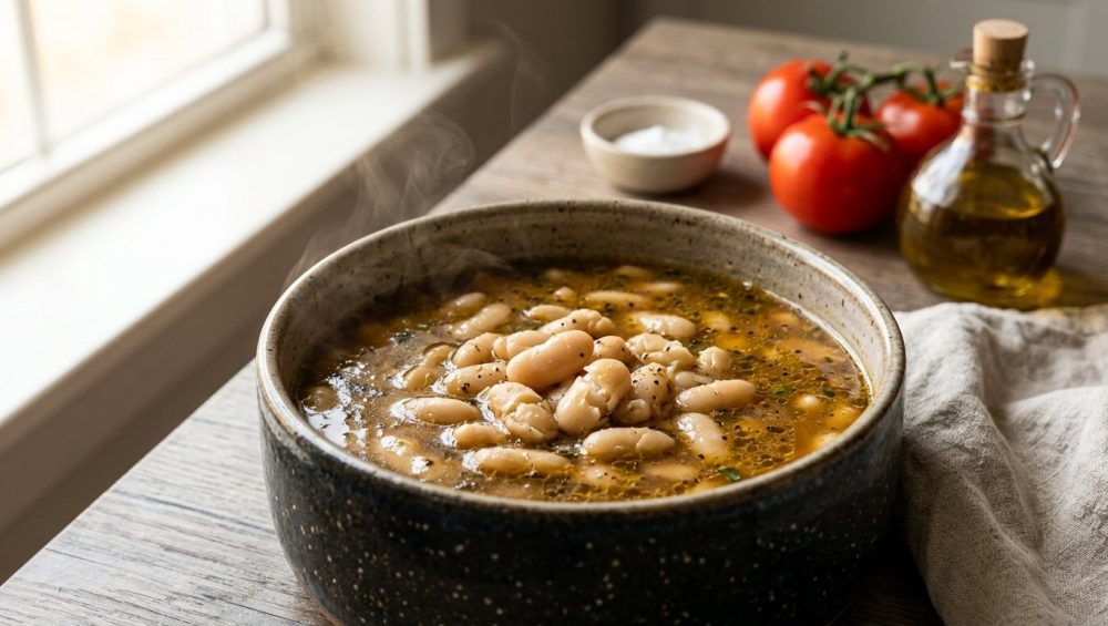 A rustic ceramic pot filled with steaming, tender white cannellini beans in a rich broth, with fresh tomatoes and olive oil in the soft-focus kitchen background.