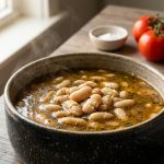 A rustic ceramic pot filled with steaming, tender white cannellini beans in a rich broth, with fresh tomatoes and olive oil in the soft-focus kitchen background.