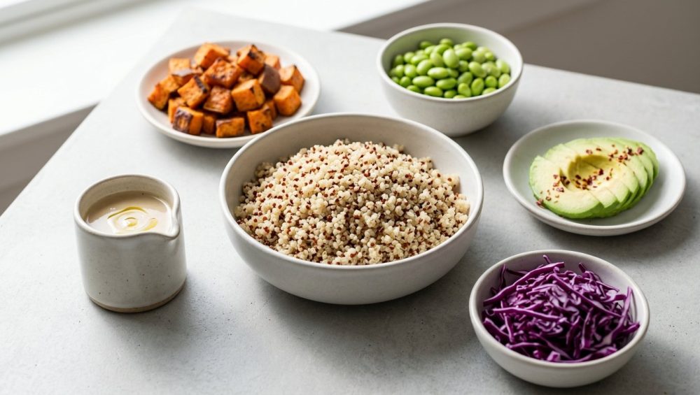 A bright, minimalist food photograph of a healthy grain bowl spread on a light gray tabletop. A central ceramic bowl of fluffy quinoa is surrounded by small dishes of roasted sweet potatoes, green edamame, sliced avocado, and shredded purple cabbage under soft, natural light.