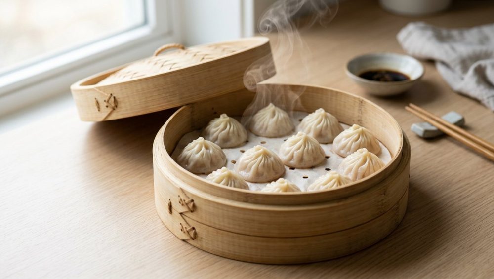 **Alt text:** Fresh, pleated dumplings steaming inside a traditional woven bamboo steamer basket on a clean kitchen counter.