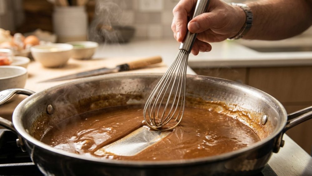 A close-up of a flat metal whisk scraping a smooth, glossy brown pan sauce in a stainless steel skillet, leaving a clean path with soft steam rising.