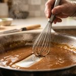 A close-up of a flat metal whisk scraping a smooth, glossy brown pan sauce in a stainless steel skillet, leaving a clean path with soft steam rising.