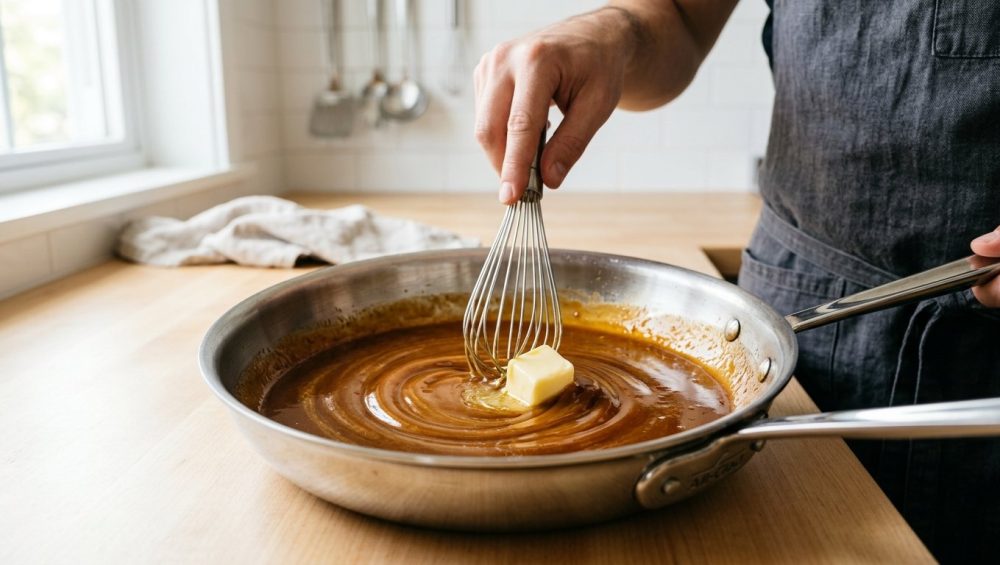 A close-up of a hand whisking a cold cube of butter into a rich, glossy amber sauce in a stainless steel skillet, creating a velvety emulsion.