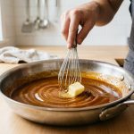 A close-up of a hand whisking a cold cube of butter into a rich, glossy amber sauce in a stainless steel skillet, creating a velvety emulsion.
