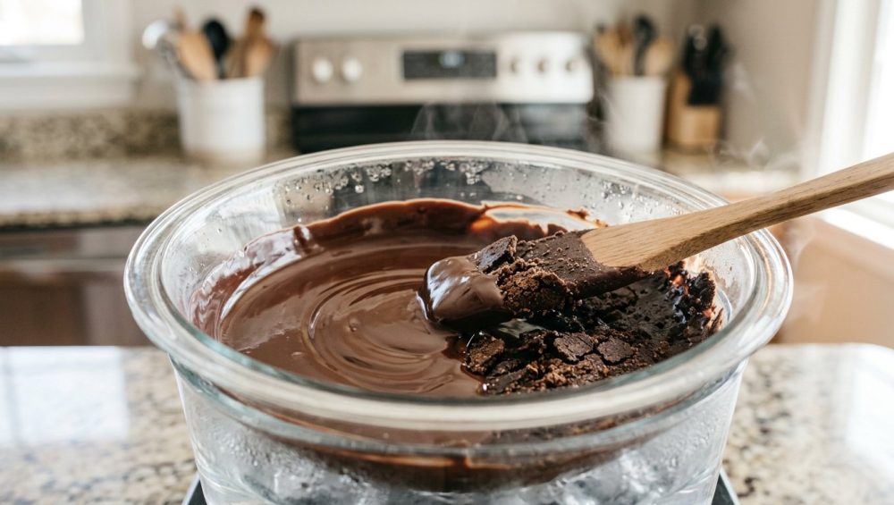 **Alt text:** Macro shot of dark chocolate in a glass bowl, contrasting smooth, glossy melted chocolate on one side with stiff, dry, and clumpy seized chocolate on the other, highlighted by a wooden spatula.