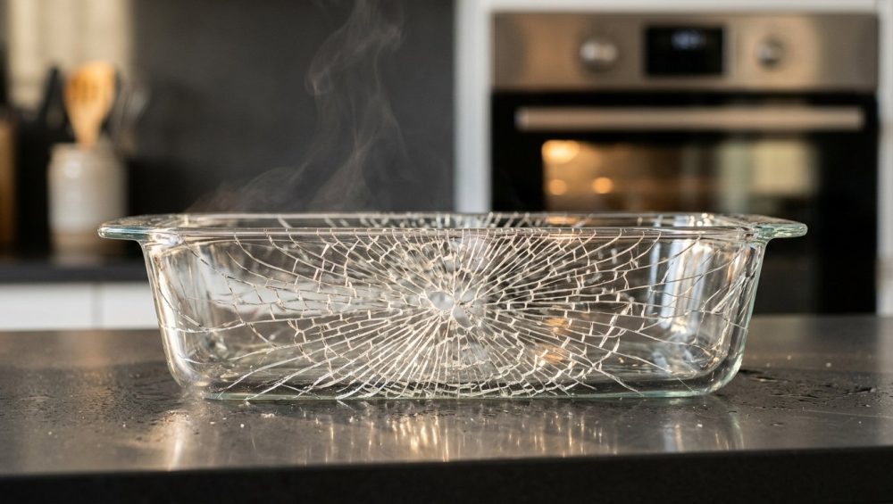 **Alt text:** A clear glass baking dish cracking from thermal shock on a dark countertop, with a spiderweb pattern of fractures refracting the light.