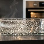 **Alt text:** A clear glass baking dish cracking from thermal shock on a dark countertop, with a spiderweb pattern of fractures refracting the light.