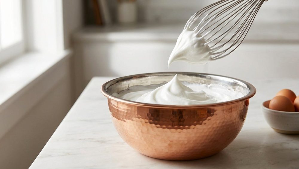 Glossy, stiff-peaked whipped egg whites in a hand-hammered copper bowl on a marble countertop, with a wire whisk lifted to reveal a sharp peak of meringue.